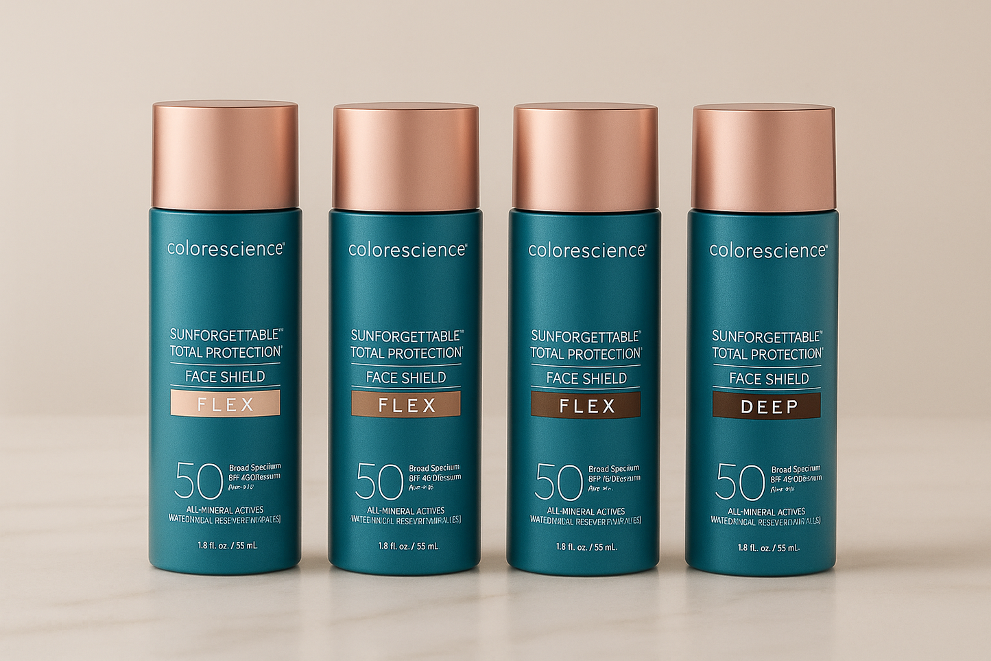 Colorescience Flex sunscreen in 4 color variations with accurate bottle design