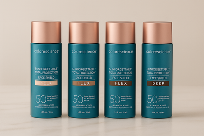Colorescience Flex sunscreen in 4 color variations with accurate bottle design